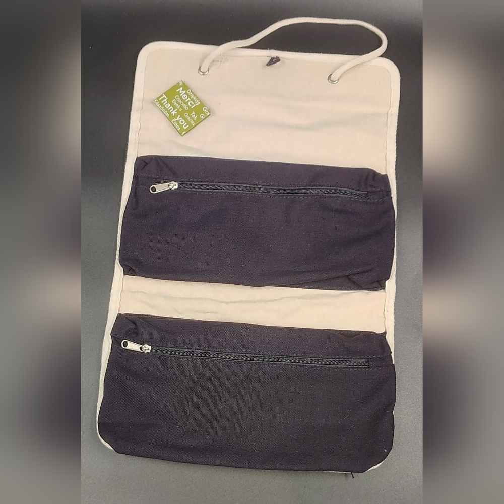 FREE w/ Purchase Beige Canvas Hanging Travel Cosmetic Bag w/ Wood Button Closure - Picture 5 of 9